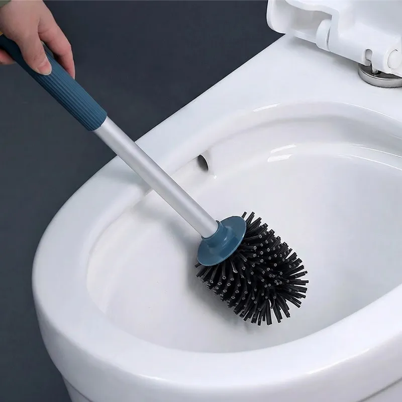 Soft silicone toilet brush for home use, reaches all corners, wall-mounted cleaning brush with long handle, a powerful toilet cleaning tool. Blue-2