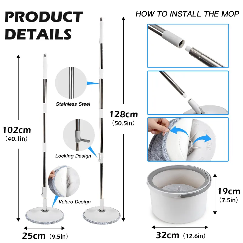 Spin Mop Bucket System, Deluxe 360 Spinning Mop Bucket, Floor Cleaning System,  Cleaning Support Self Separation Sewage and Clean Water White-2