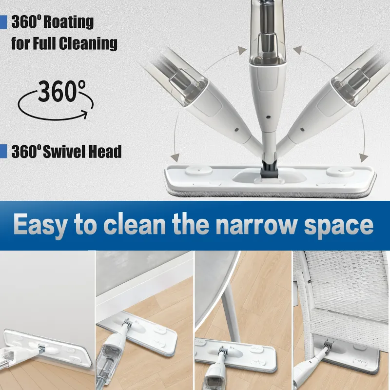 Spray Mop, Pivoting Flat Head, Fine Mist Refillable Bottle, White White-4