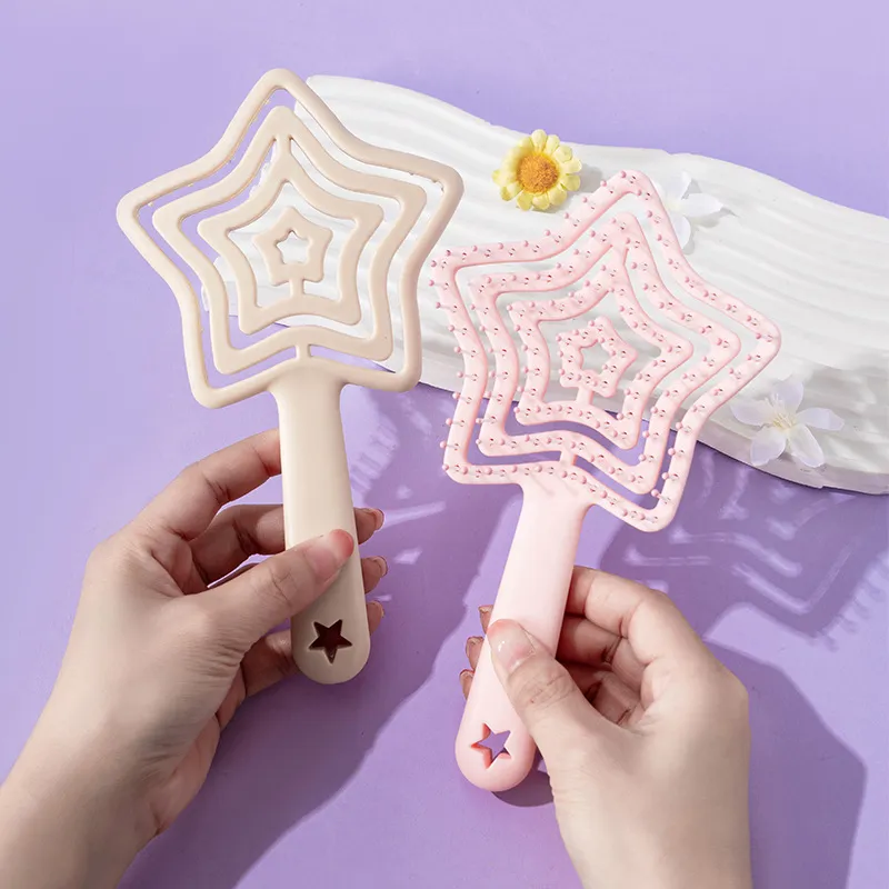 Star-shaped fluffy high-top comb, hollow hairdressing comb, portable small personal comb, girls' dorm head massage comb Pink L-2