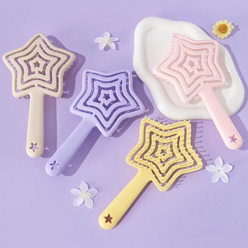 Star-shaped fluffy high-top comb, hollow hairdressing comb, portable small personal comb, girls' dorm head massage comb Pink L-3