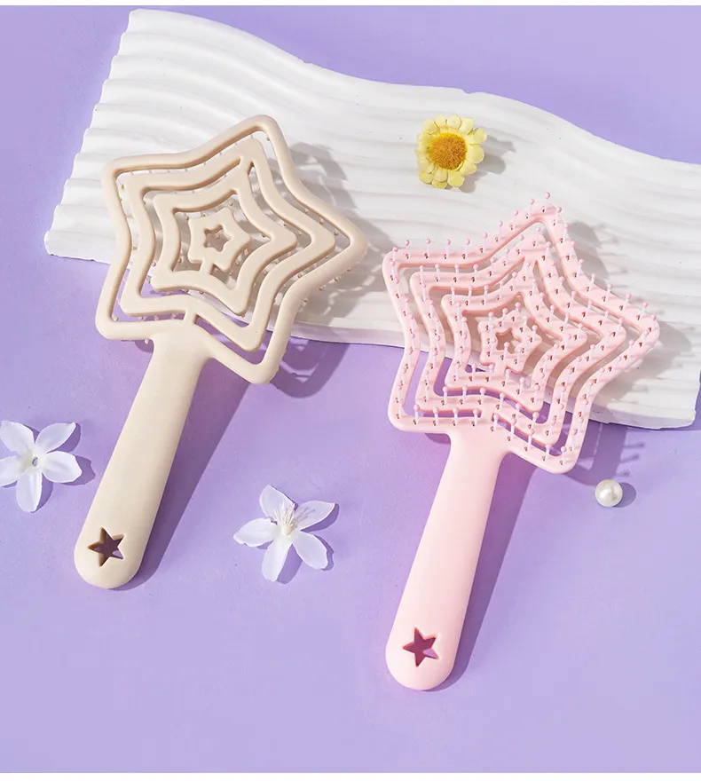 Star-shaped fluffy high-top comb, hollow hairdressing comb, portable small personal comb, girls' dorm head massage comb Pink L-1