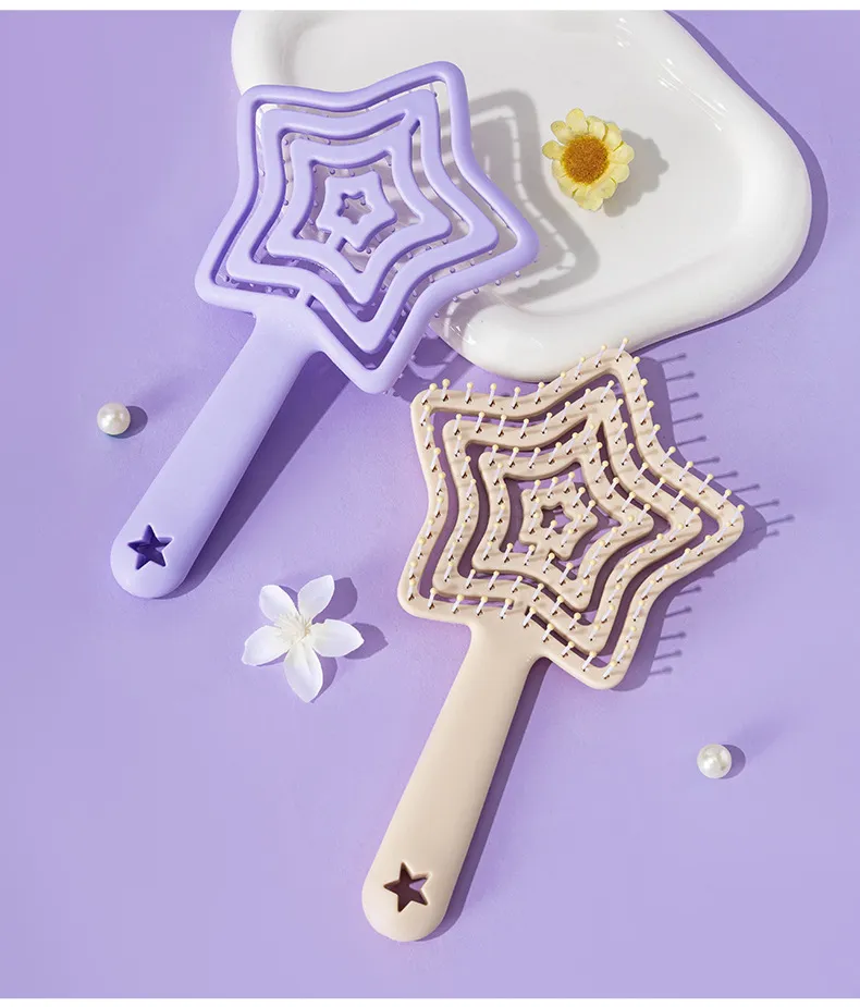 Star-shaped fluffy high-top comb, hollow hairdressing comb, portable small personal comb, girls' dorm head massage comb Pink L-2