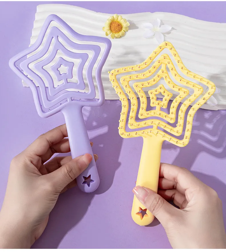 Star-shaped fluffy high-top comb, hollow hairdressing comb, portable small personal comb, girls' dorm head massage comb Pink L-4