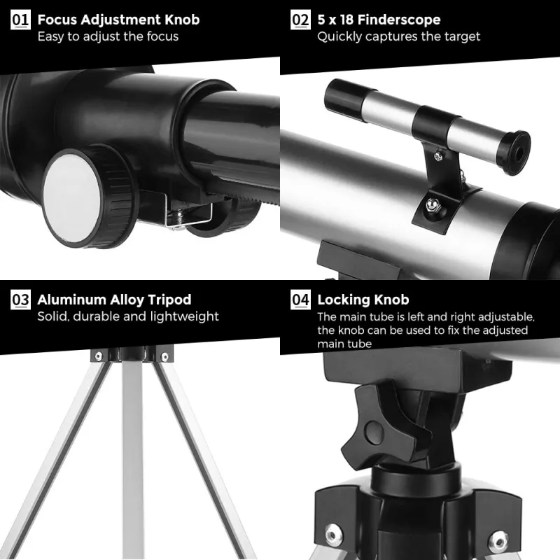 Telescope for Kids, 50mm Aperture 360mm Refractor Telescope for Astronomy with 90X Ultra HD Zoom White-6