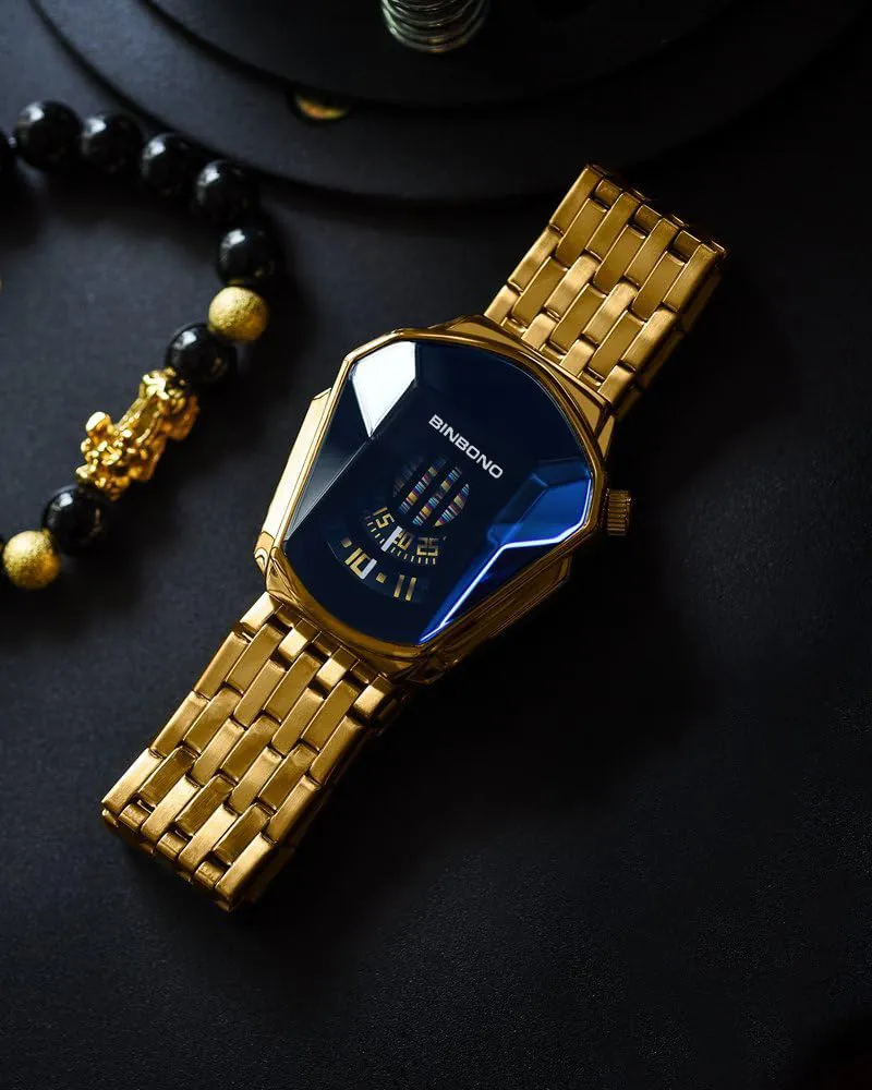 Unique Creative Analogue Watch, Stainless Steel Black Tone Strap Quartz Watch with Blue Big Dial Gold-3