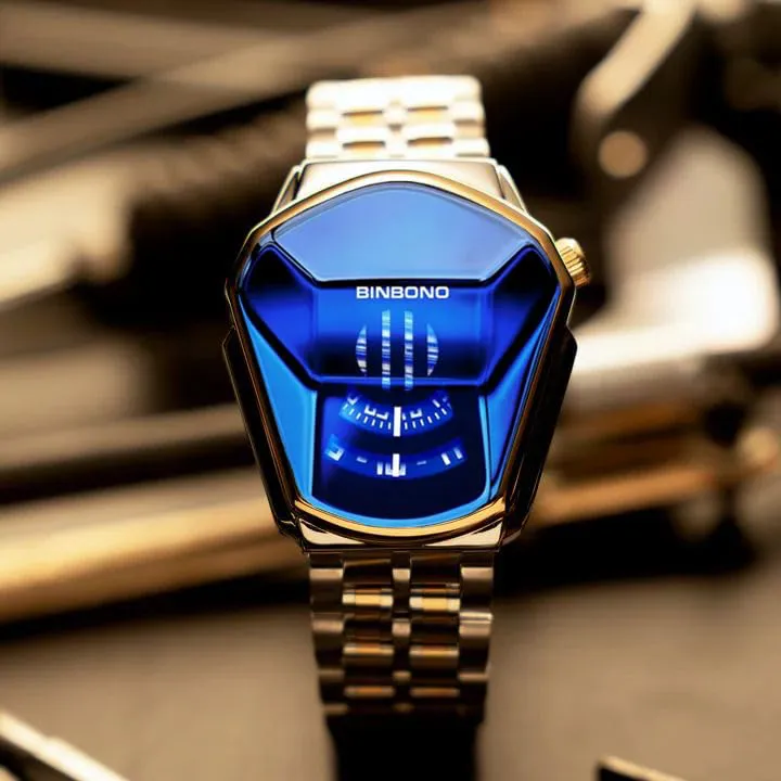 Unique Creative Analogue Watch, Stainless Steel Black Tone Strap Quartz Watch with Blue Big Dial Gold-5