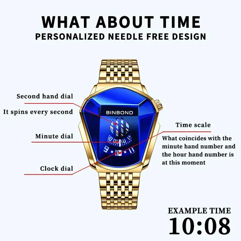 Unique Creative Analogue Watch, Stainless Steel Black Tone Strap Quartz Watch with Blue Big Dial Gold-6
