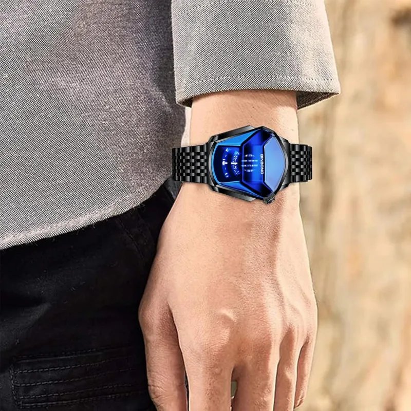 Unique Creative Analogue Watch, Stainless Steel Black Tone Strap Quartz Watch with Blue Big Dial Black-2