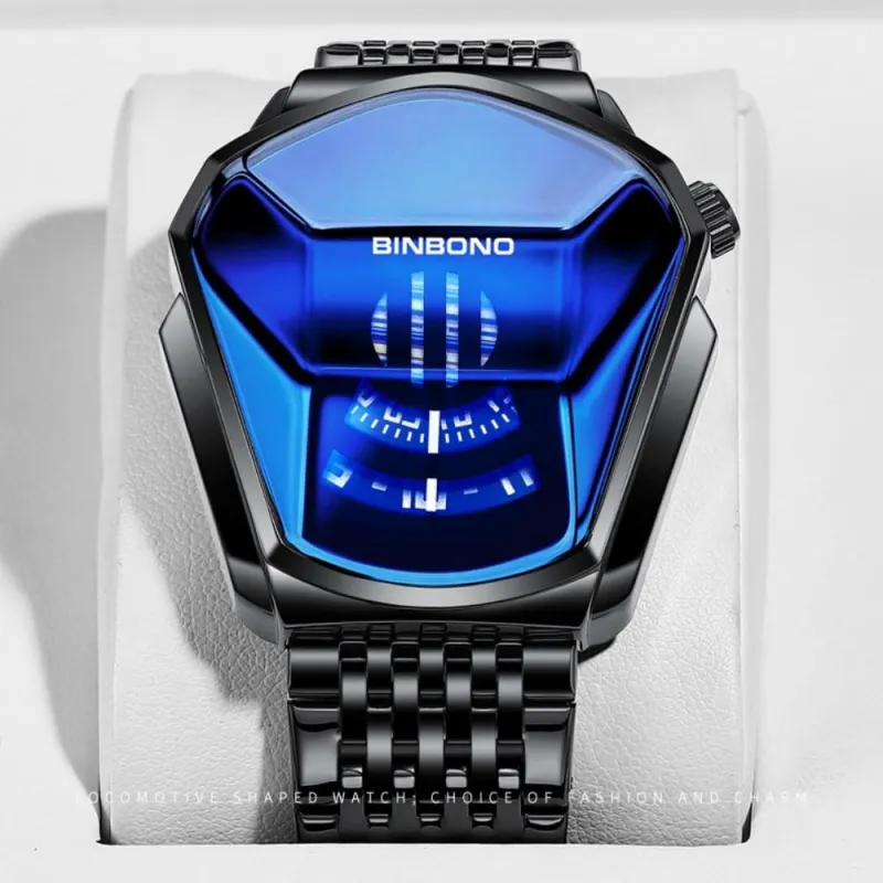 Unique Creative Analogue Watch, Stainless Steel Black Tone Strap Quartz Watch with Blue Big Dial Black-4