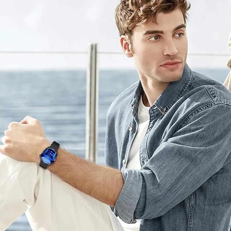 Unique Creative Analogue Watch, Stainless Steel Black Tone Strap Quartz Watch with Blue Big Dial Black-6