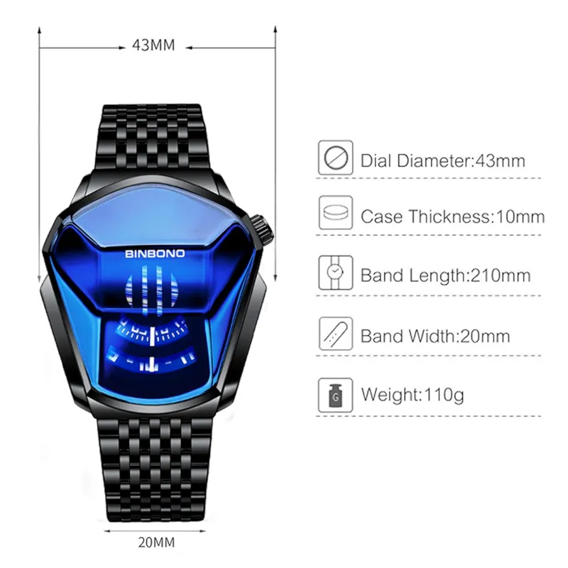 Unique Creative Analogue Watch, Stainless Steel Black Tone Strap Quartz Watch with Blue Big Dial Black-7