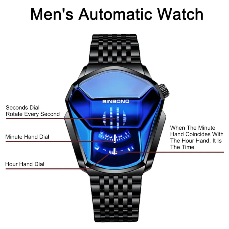 Unique Creative Analogue Watch, Stainless Steel Black Tone Strap Quartz Watch with Blue Big Dial Black-8