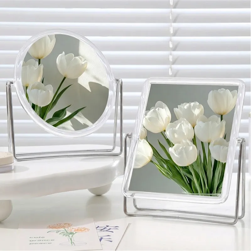 Wrought Iron mirror makeup mirror, double-sided, high-definition, bedroom vanity mirror, tabletop, can be placed on a desk Clear-3
