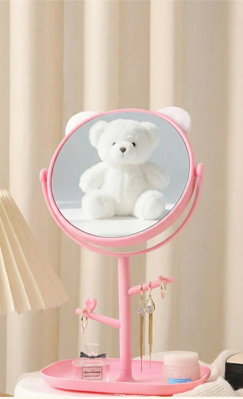 HD Desktop Makeup Mirror for Home, Suitable for Table Use, Student Dorm, INS Style Cat Ear Stand, Round Mirror Pink-1