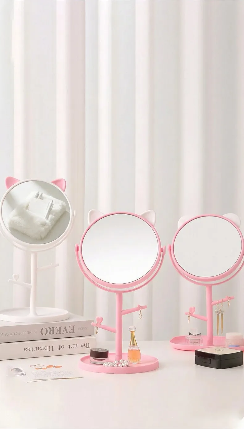 HD Desktop Makeup Mirror for Home, Suitable for Table Use, Student Dorm, INS Style Cat Ear Stand, Round Mirror Pink-2