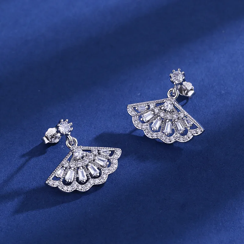 Korean-style light luxury long fan-shaped stud earrings with tassels, minimalist design with subtle inlay, versatile jewelry Silver-3