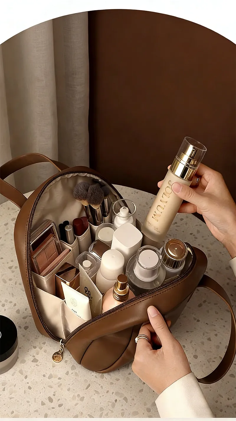 Large-Capacity Portable Women's Shell Makeup Bag, Layered, Waterproof Toiletry Bag, Handheld Vintage Storage Bag Brown-5