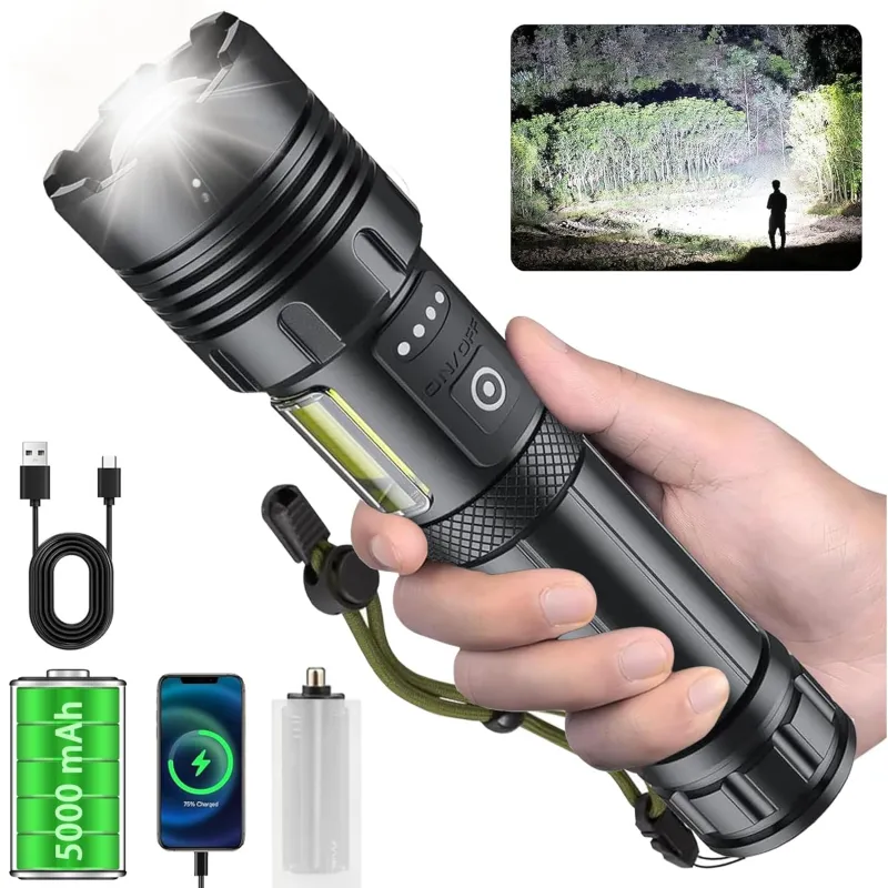 LED Torch Light High Power, Rechargeable Torchlight 20000 Lumens with COB Side-Light, Powerful Tactical 7 Lighting Mode Flashlight