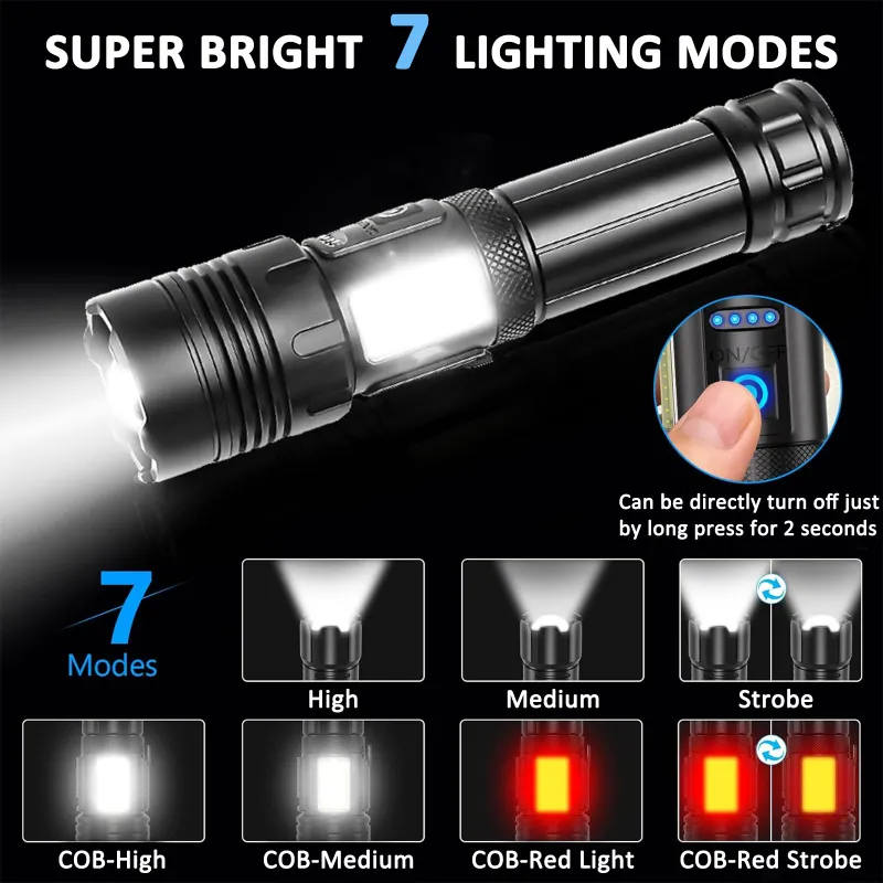 LED Torch Light High Power, Rechargeable Torchlight 20000 Lumens with COB Side-Light, Powerful Tactical 7 Lighting Mode Flashlight Black-3
