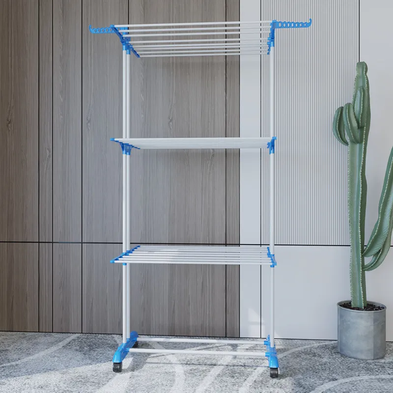 Mega stand Clothes Drying Rack Folding Stainless Steel Laundry Garment Dryer Stand with Two Side Wings-(Blue) Portable 3-Layer Cloth Wheels and Foldable Wings Blue-2