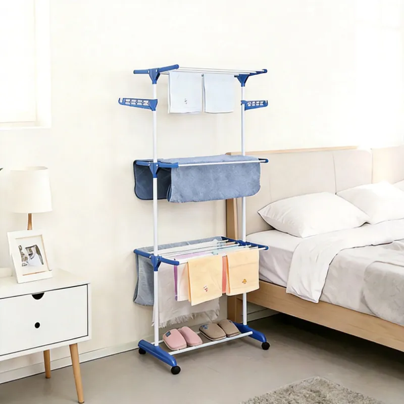 Mega stand Clothes Drying Rack Folding Stainless Steel Laundry Garment Dryer Stand with Two Side Wings-(Blue) Portable 3-Layer Cloth Wheels and Foldable Wings Blue-4