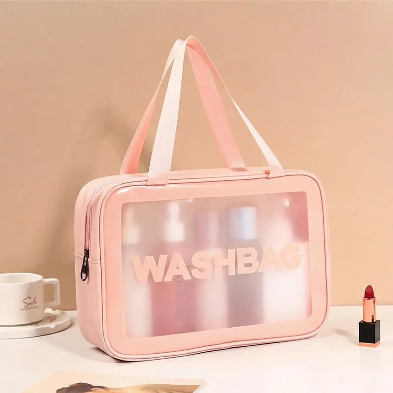 New transparent makeup bag PVC toiletry storage bag for shower, swimming, and beach, trendy PU frosted bag Pink L-2