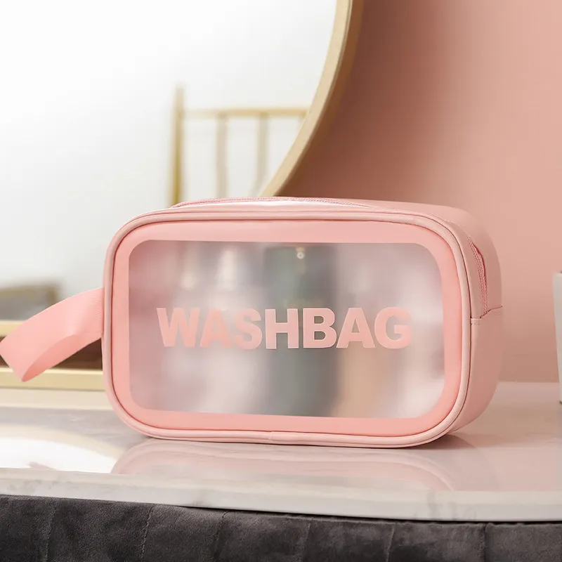 New transparent makeup bag PVC toiletry storage bag for shower, swimming, and beach, trendy PU frosted bag Pink L-3