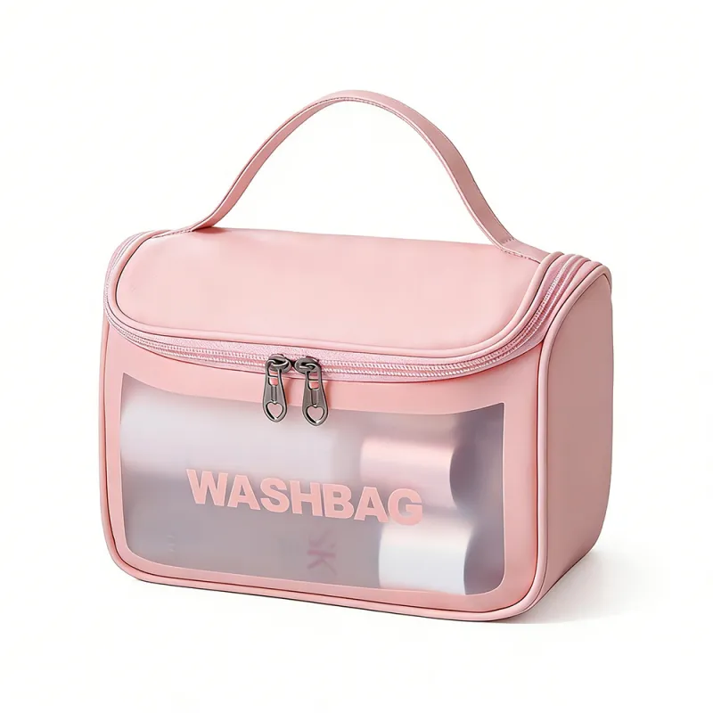 New transparent makeup bag PVC toiletry storage bag for shower, swimming, and beach, trendy PU frosted bag Pink-2