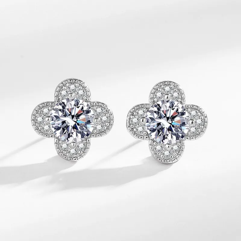 Plated S925 silver stud earrings for women, featuring one-carat micro-paved zircon four-leaf clover design, forest-style jewelry
