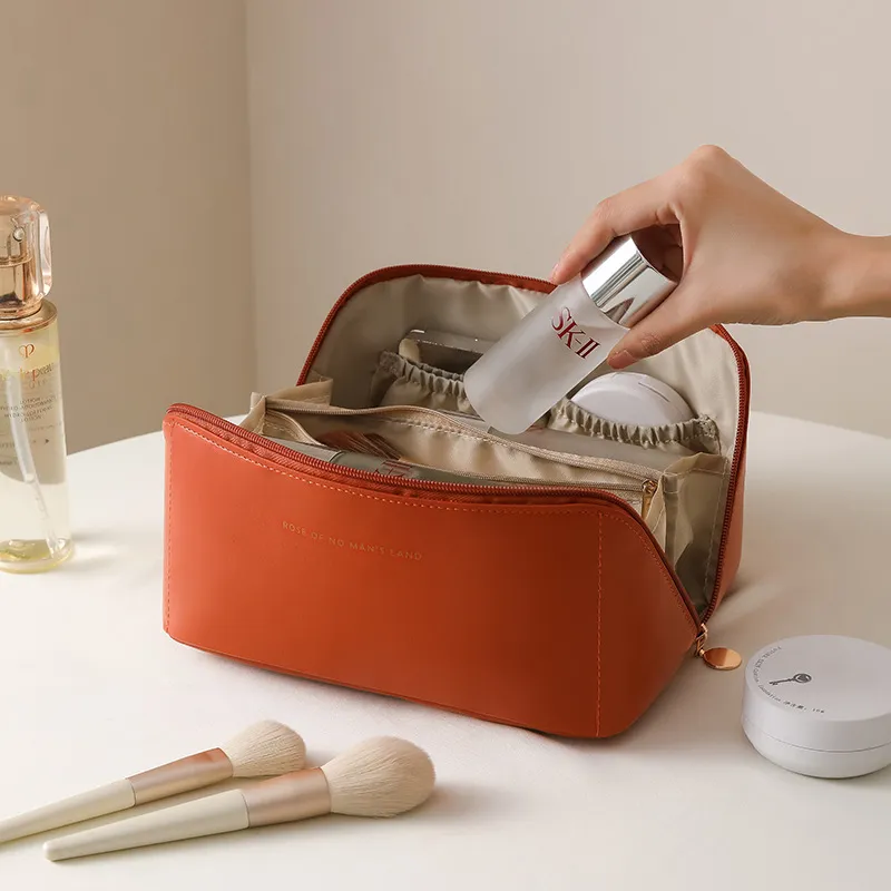 Portable Makeup Bag for Women, Ins Style Toiletry Bag, Travel Cosmetic Storage Bag, Accordion Design, Waterproof and Durable Brown-2