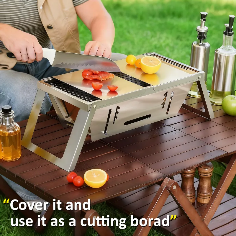 Portable Stainless Steel Barbeque Grill Set, Tandoori Grill For Home & Charcoal Grill Barbeque Stand For Outdoor Picnic Camping BBQ Silver-4