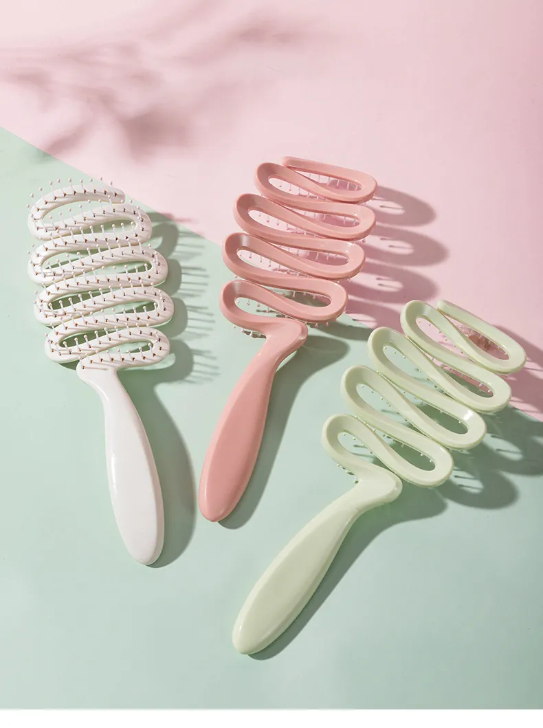 Ribbon-shaped hollow massage comb for women, scalp massaging comb, meridian comb, tangle-free smooth hair care comb, rib-style comb Green L-1