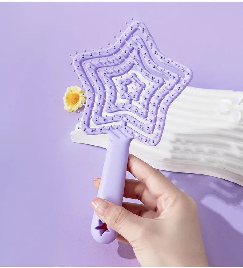 Star-shaped fluffy high-top comb, hollow hairdressing comb, portable small personal comb, girls' dorm head massage comb Purple L-3